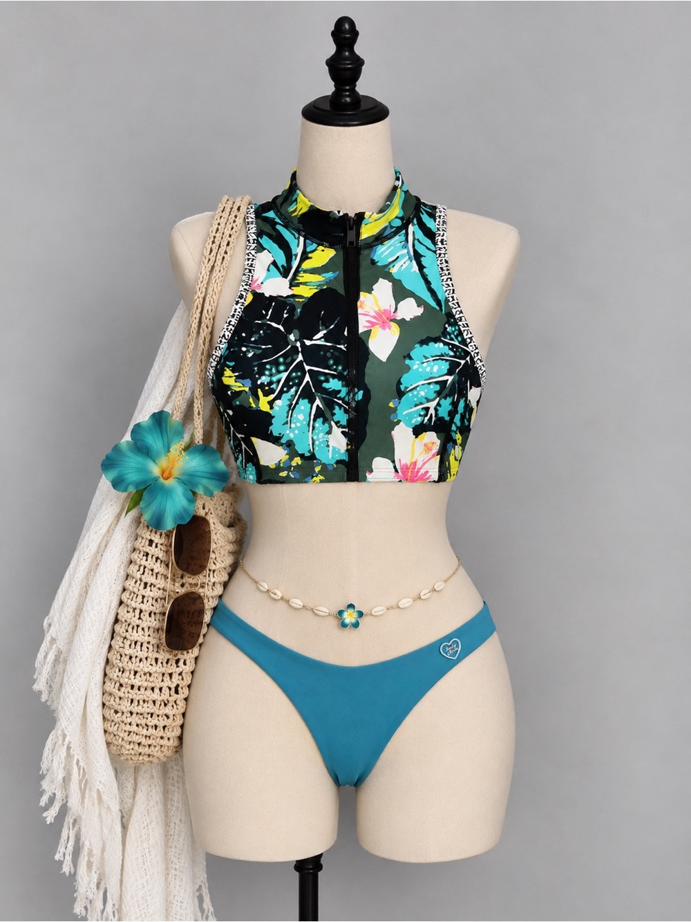 Body Glove Black Floral High-Neck Crop Tank with Teal and Yellow Accents